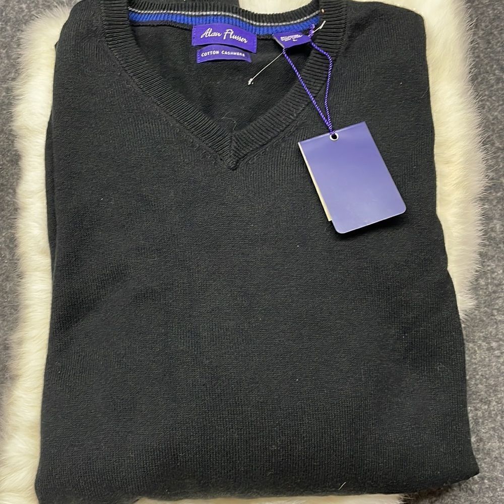 NWT Alan Flusser Cotton Cashmere Classic Black Crewneck Sweater Size L Large